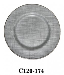 13″ Textured Glass Charger Plate in grey color with silver rim for Table Party or Rental C120-174