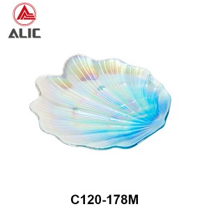 Sea Shell shaped Glass Serving Platter in gradient color from blue to white with pearl lust effect for Party or Rental C120-178