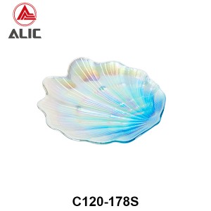 Sea Shell shaped Glass Serving Platter in gradient color from blue to white with pearl lust effect for Party or Rental C120-178