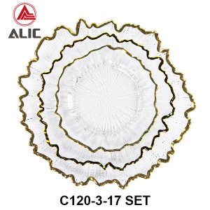 Glass Reef style charger plates with gold rim set of 3 # C120-3-17