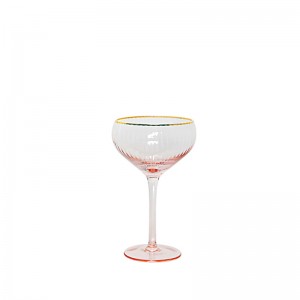 Handmade Glass Set Carafe Gin Balloon Wine Glass Champagne Coupe and DOF Lowball tumbler in optic effect and pink color painting with gold rim G123GC