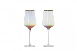 Handmade Glass Collection Champagne Flute & Coupe, Wine and Martini Gboblet & stemless Flute & Wine glass with multi coloured decoration and gold rim then with iridescent color coating G123HN
