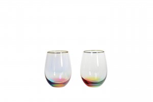Handmade Glass Collection Champagne Flute & Coupe, Wine and Martini Gboblet & stemless Flute & Wine glass with multi coloured decoration and gold rim then with iridescent color coating G123HN