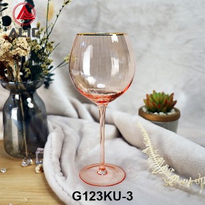 Ribbed Gin Balloon Wine Glass in Coral color with gold rim G123KU-3