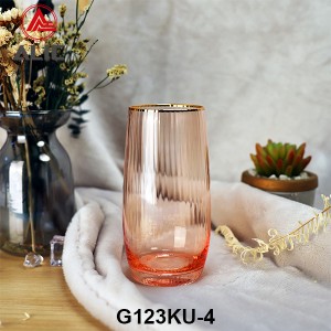 Ribbed Tumbler Glass in Coral color with gold rim G123KU-4