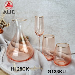 Ribbed Stemless Wine Glass in Coral color with gold rim G123KU-5